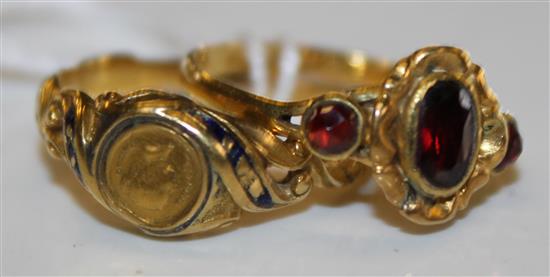 George III gold and garnet 3-stone ring & a Victorian gold and enamel coin-set ring